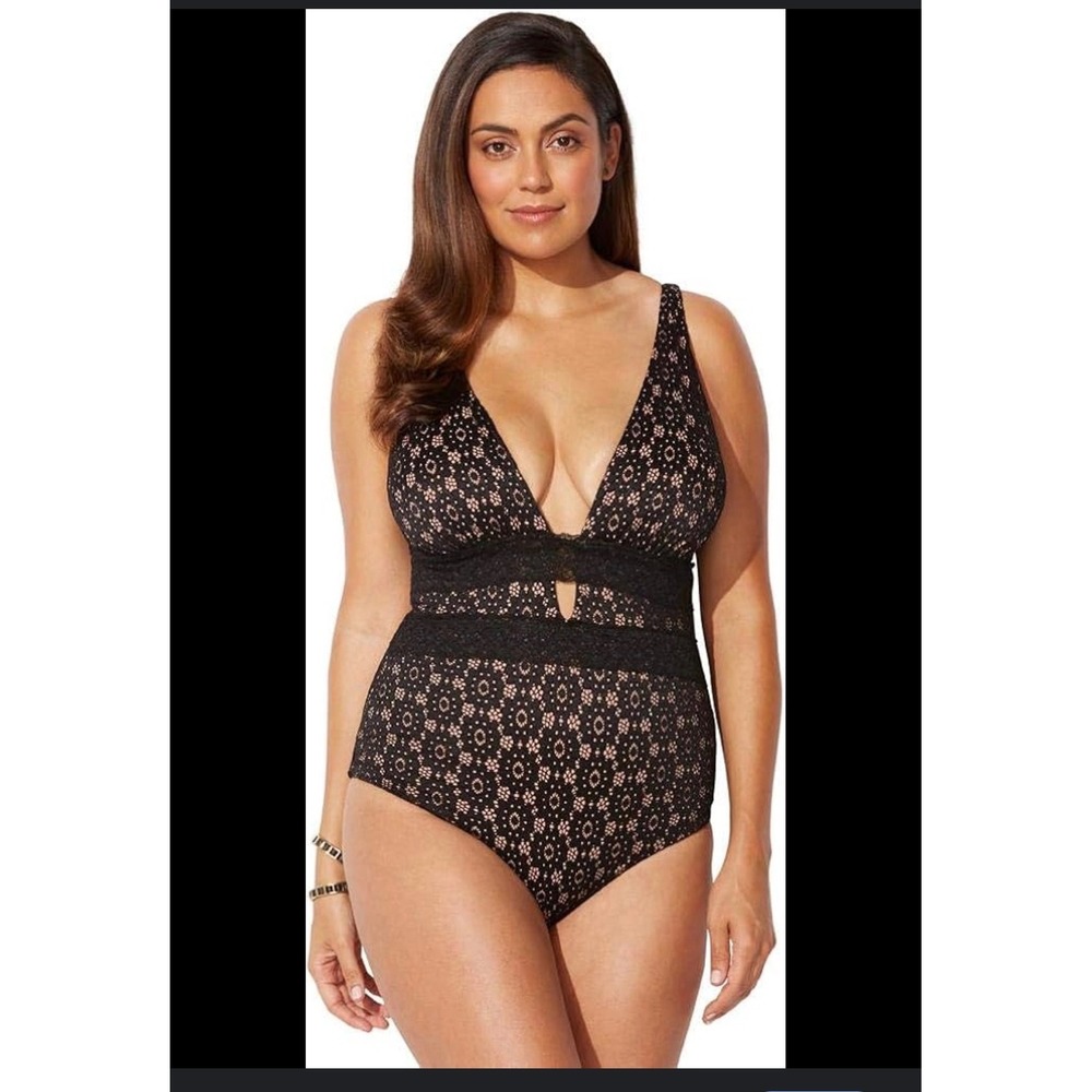 Swimsuits For All Black Lace Overlay Plunge Neck One Piece Swimsuit Size 14